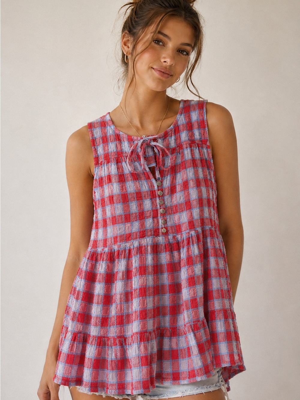 Pilcro Red & Lavender Plaid Sleeveless Tiered Tunic Coverup